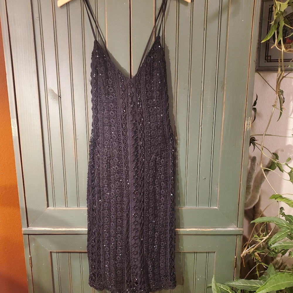Beaded Little Black Midi Dress - Vintage - Size 4